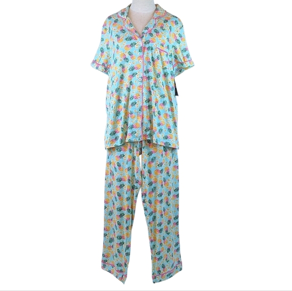 Pillow Talk Tropical Pineapple Print PJ Set Short Sleeve Top Pants Aqua XL NWT - Picture 3 of 12